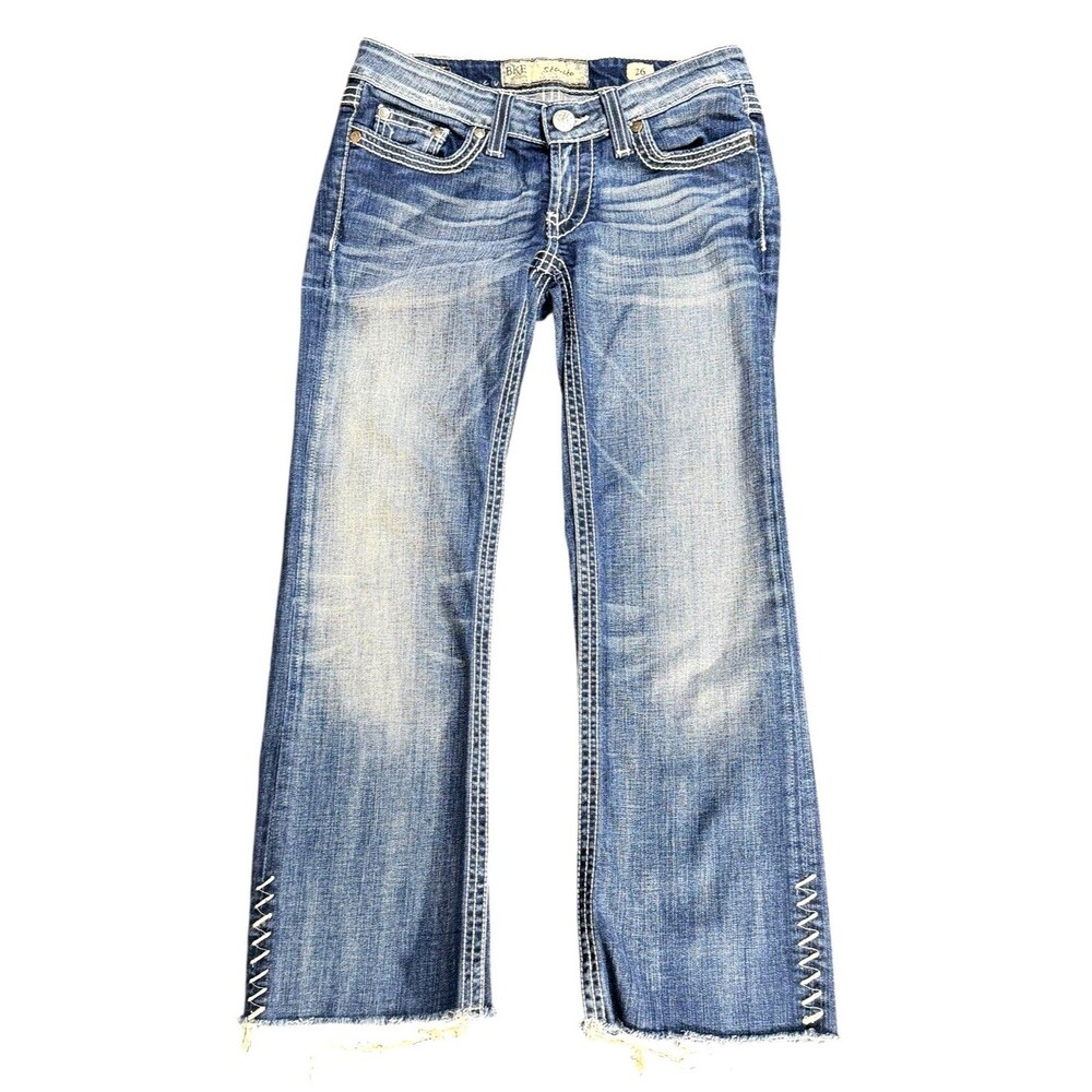 BKE Jeans Starlite Women’s Blue Denim Buckle Distressed Cropped Ankle Size 26